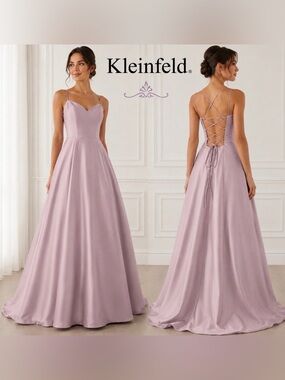 Kleinfeld Dusty Lavender Satin Formal Gown A-Line Lace Up Corset Back Maxi 4